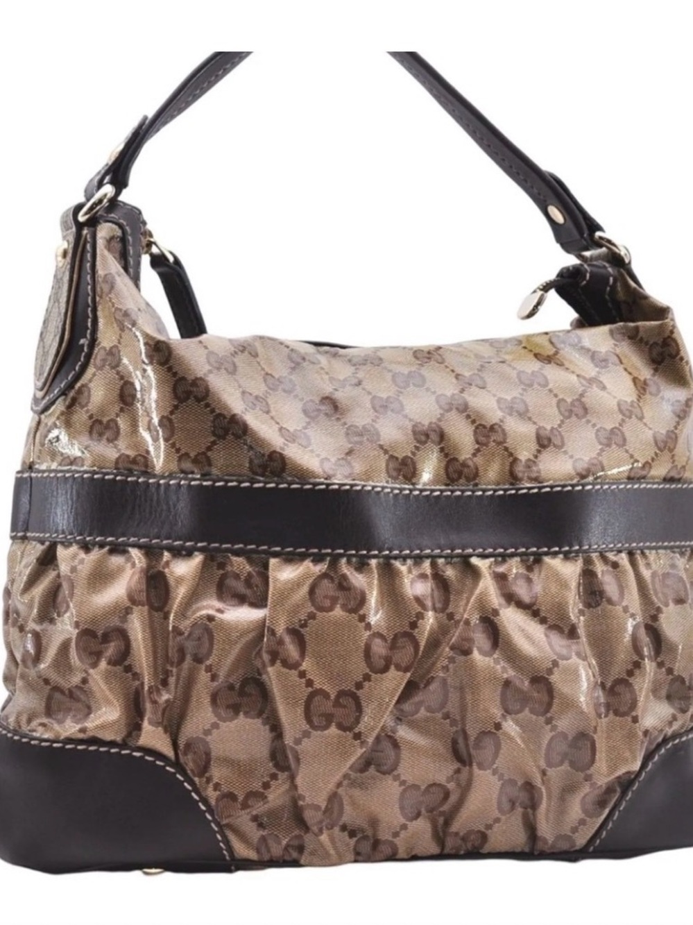 Gucci Brown Monogram Shoulder Bag with Dark Leather Trim